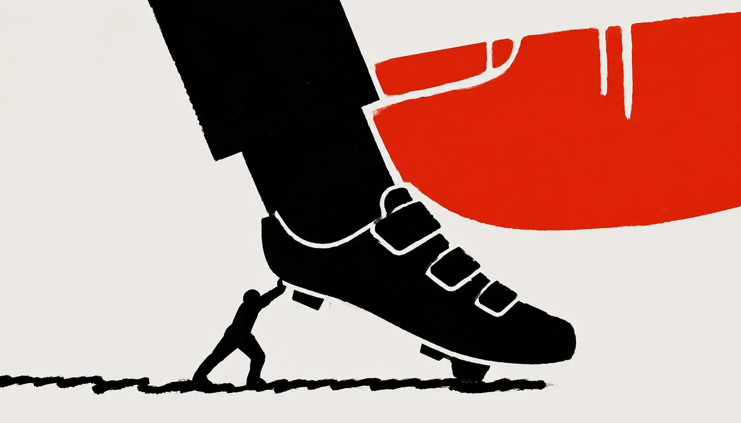 A cream, black, and red illustration: an oversized black cycling shoe with velcro straps steps forward, a tiny black figure straining to hold it up from below, and a large red shape looming above.