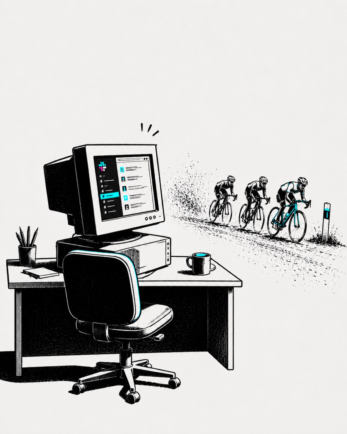 A black-and-white illustration: a desk and computer in the foreground, three cyclists riding past in the distance on the right.