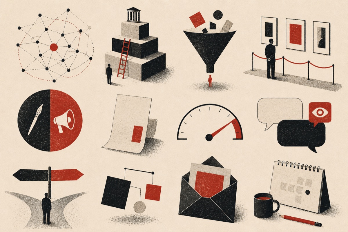An editorial illustration grid in cream, black, and red: a prestige network map, a tiered museum pyramid with a ladder and a lone figure, a funnel sorting artworks, a gallery wall behind a velvet rope, a circle split between a paintbrush and a megaphone, a document with a red mark, a gauge with its needle in the red, two chat bubbles and an eye, a figure at a forked road, a mobile-and-pendulum balance, an envelope holding new work, and a desk calendar beside a coffee mug.