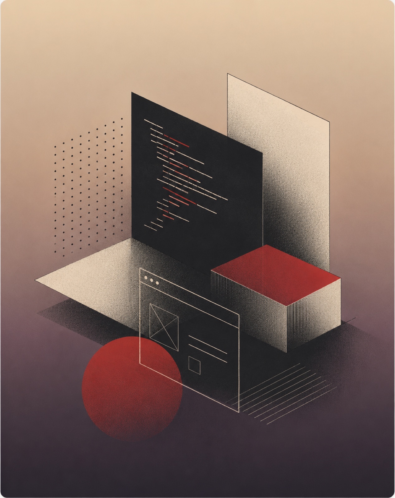 Isometric illustration: a dark code editor and a browser window arranged on a beige stage, with a red sphere and a red cube as accents.